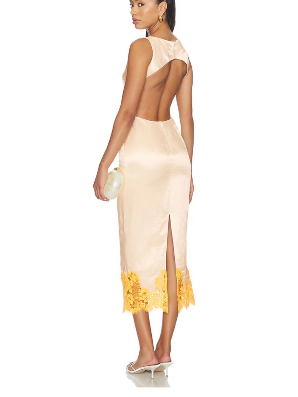 Camila Coelho Champagne Satin Backless Midi Dress with Yellow Lace